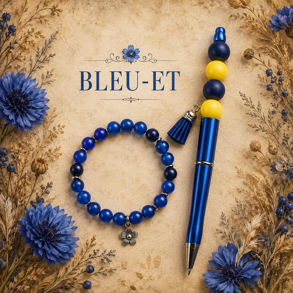 Duo bracelet stylo, perles bleues et pendentif fleur argenté - Bleu-et