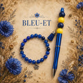Duo bracelet stylo, perles bleues et pendentif fleur argenté - Bleu-et