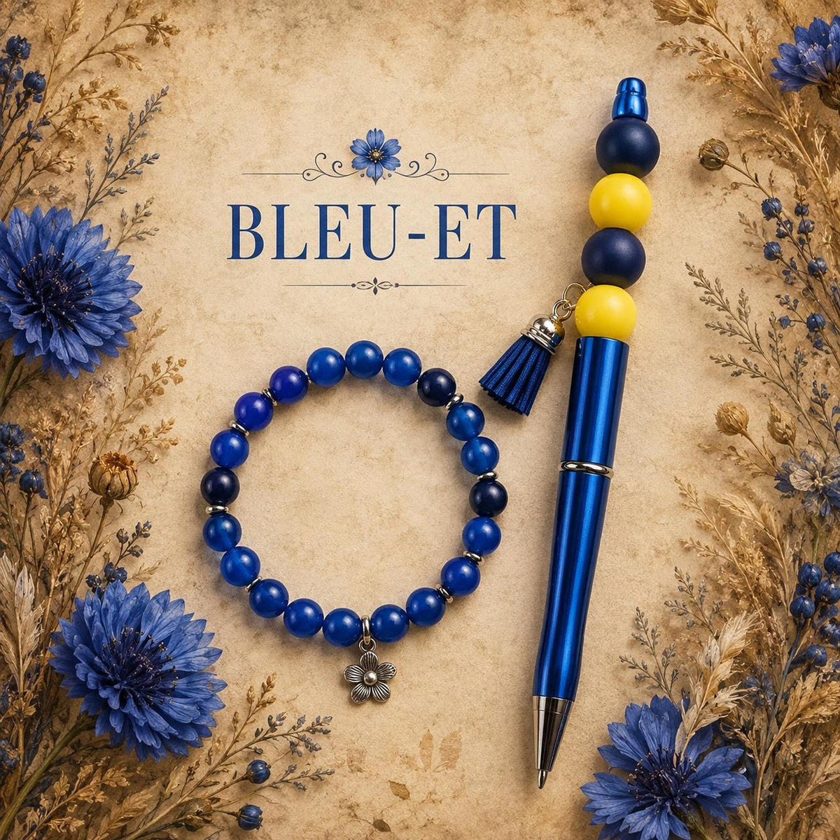 Duo bracelet stylo, perles bleues et pendentif fleur argenté - Bleu-et