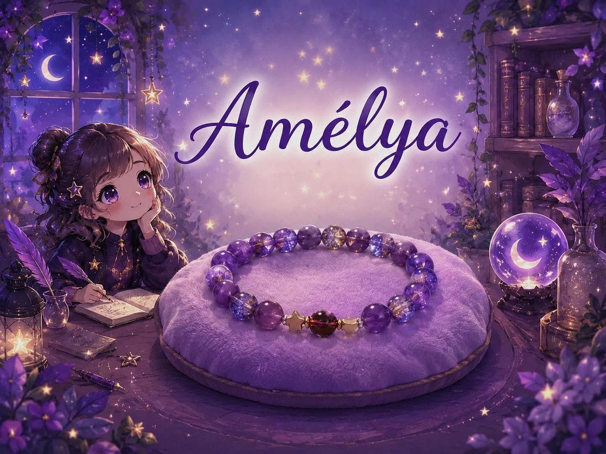 Bracelet fantaisie violet, perles colorées et deux étoiles dorées, 15,5 cm