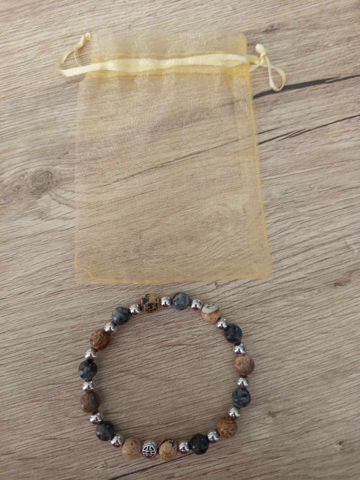 Bracelet homme en pierres naturelles de jaspe paysage  & larvikite - "Silex" -