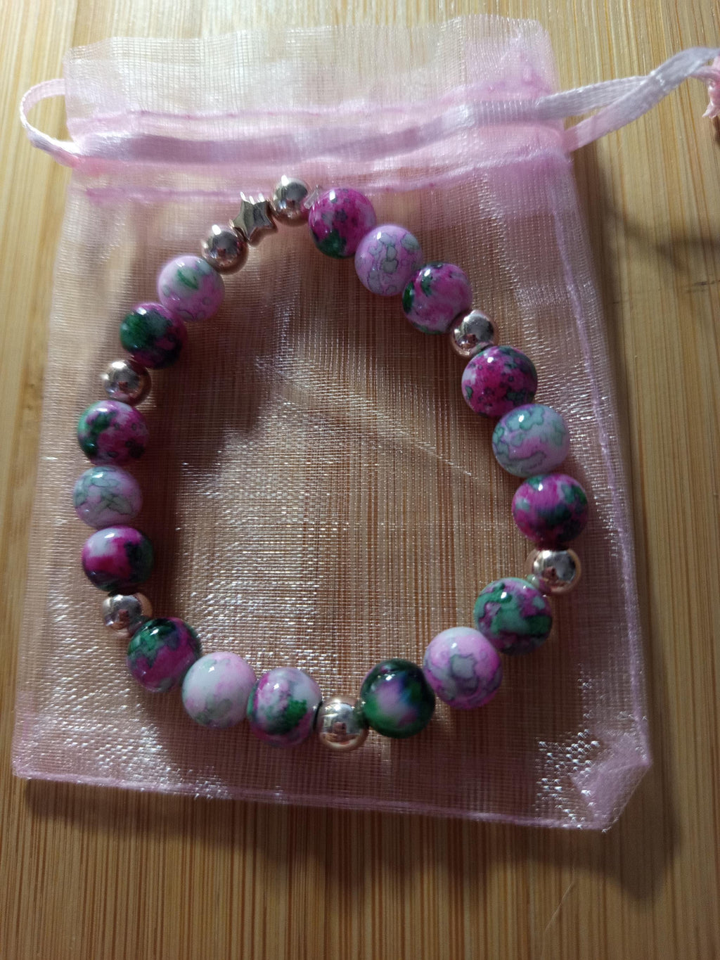 Bracelet Fantaisie Rose, Perles Violet et Vert, Taille 17 cm