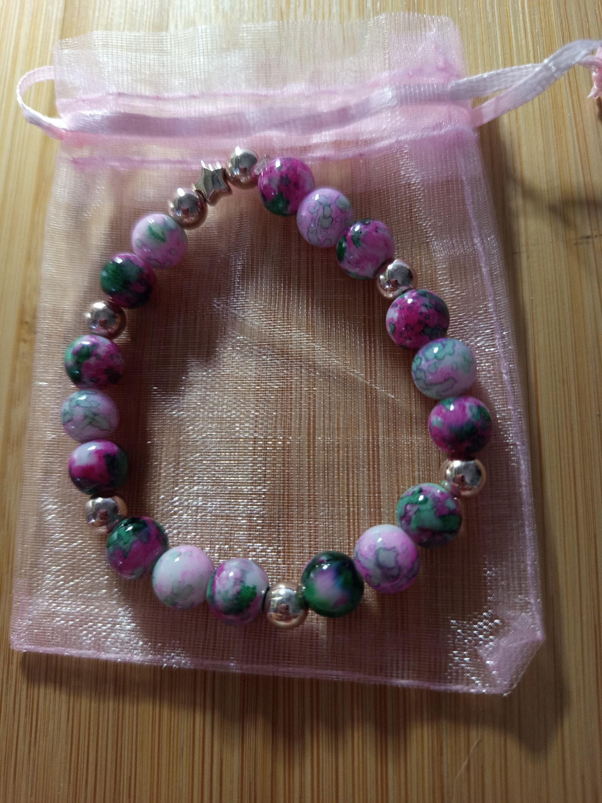 Bracelet Fantaisie Rose, Perles Violet et Vert, Taille 17 cm