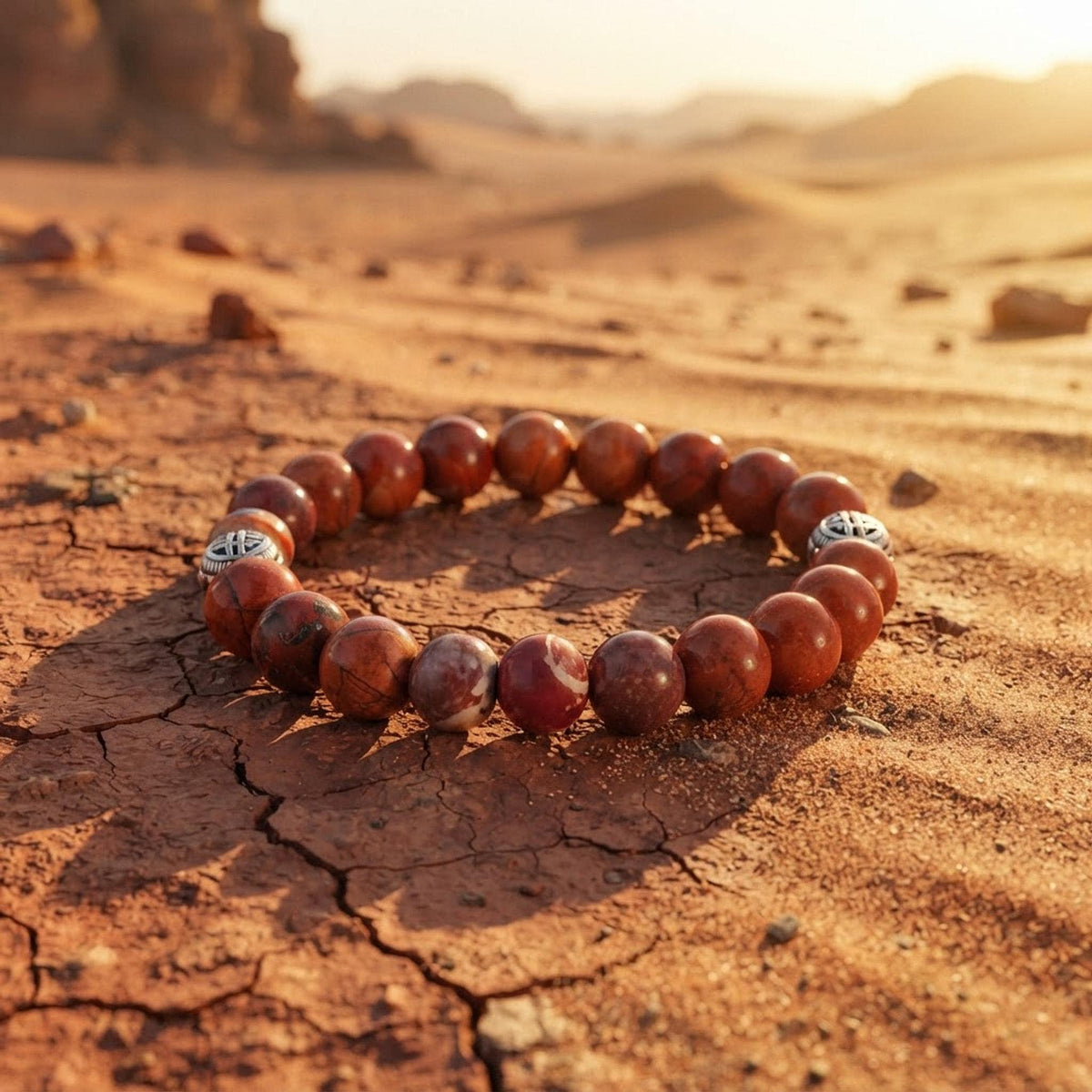 Bracelet Homme en Pierres (origine indéterminée) Rouge Brun, avec Intercalaires Argentés - "Terre Rouge" -