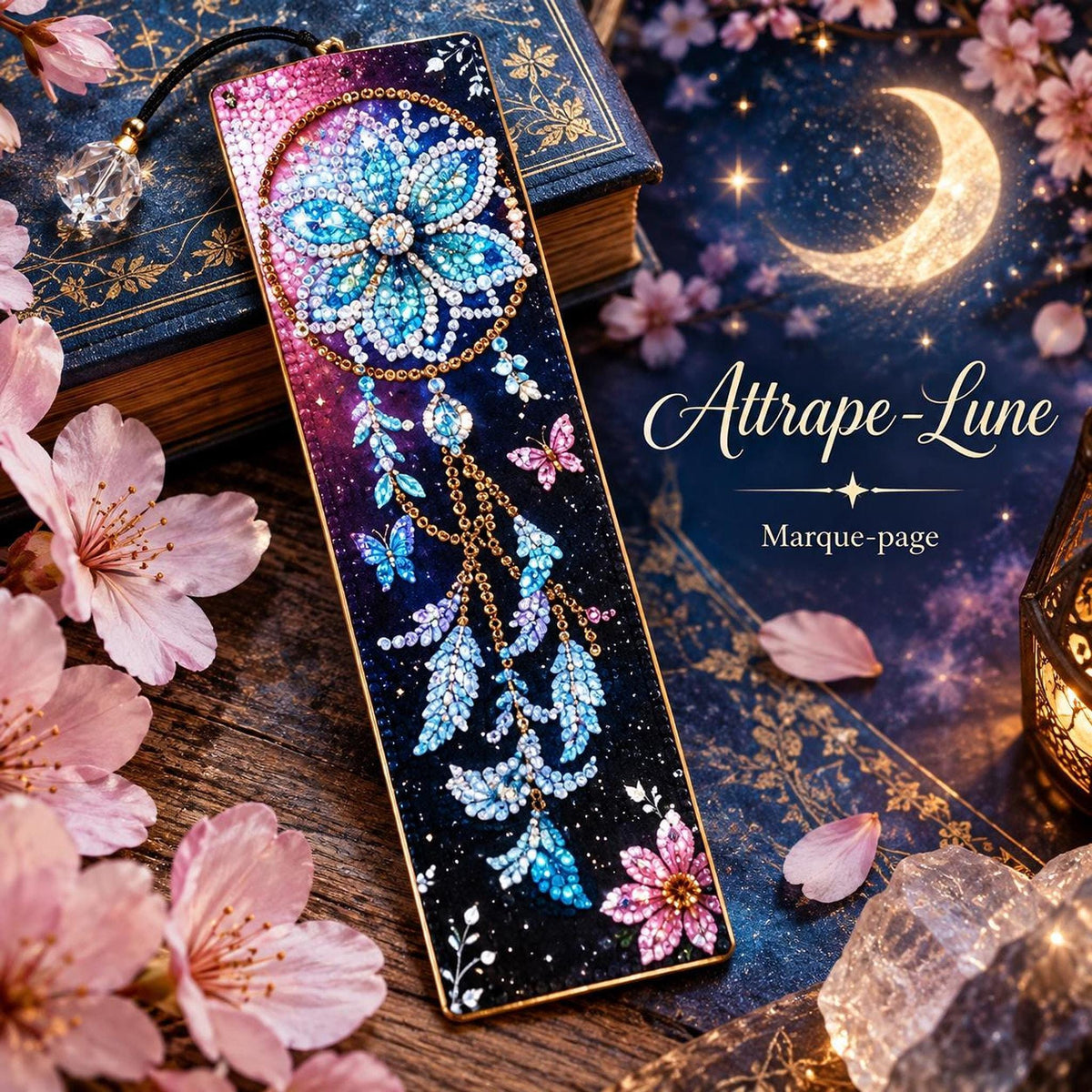 Marque-Page en Diamond Painting Scintillant avec Cristaux Bleus - "Attrape Lune -
