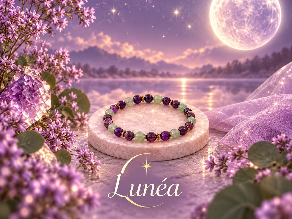 Bracelet en pierres naturelles d' Améthyste, Aventurine Verte et Intercalaires Dorés -  "Lunéa" -