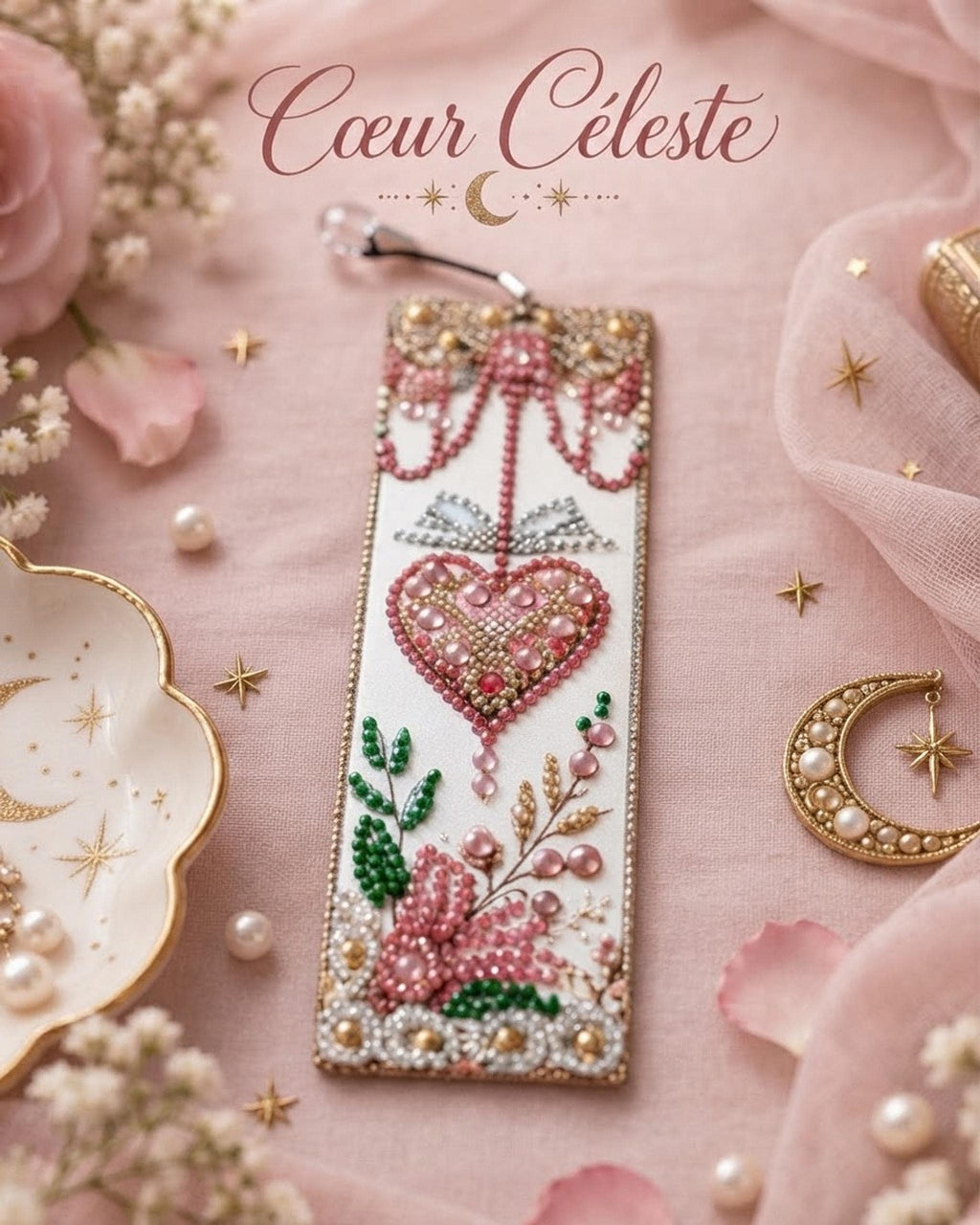 Marque Page Floral Cœur Rose, Détails Dorés en Diamond Painting - Cœur céleste" -