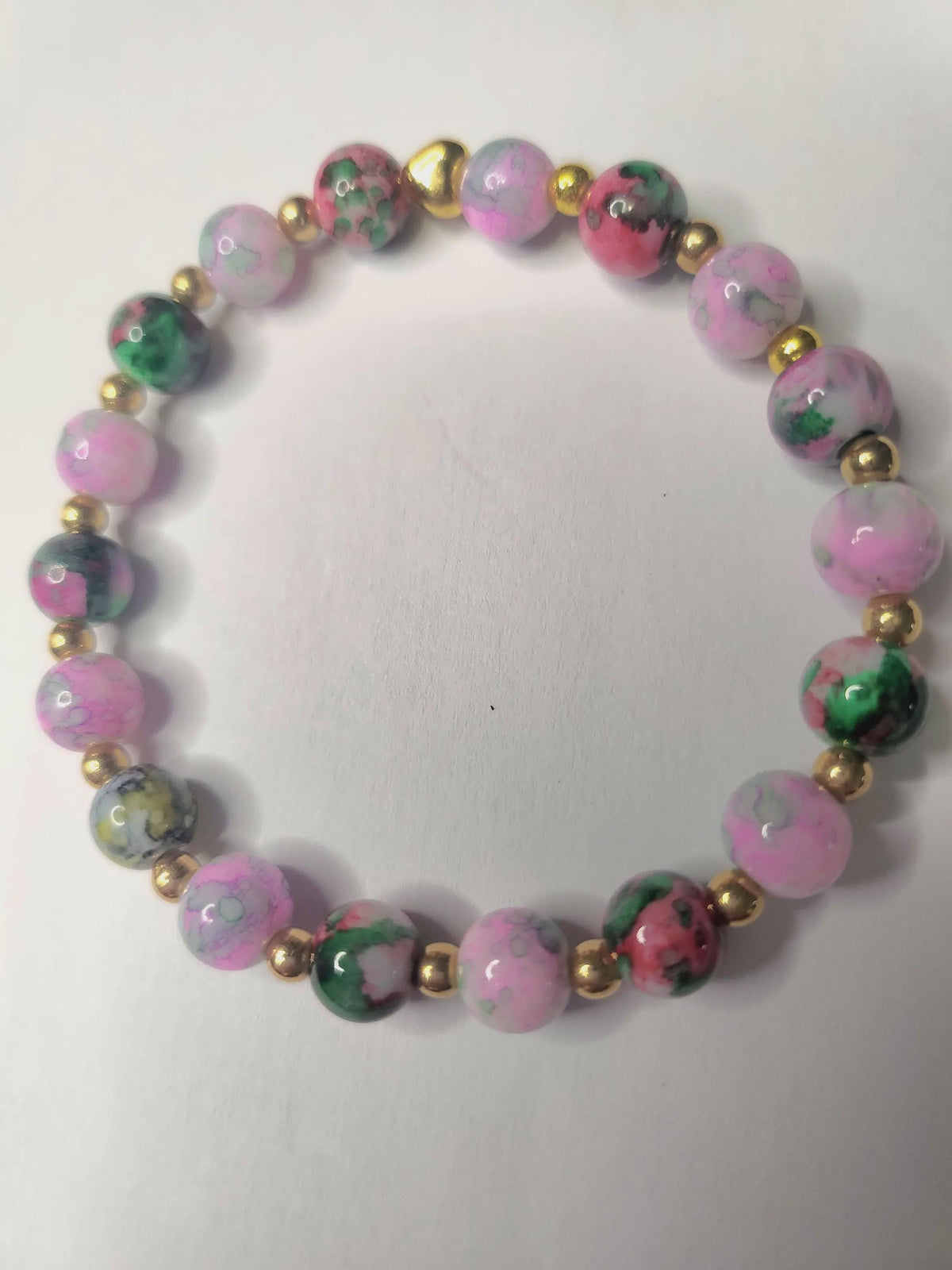 Bracelet fantaisie en perle Roses et Vertes sur Fil Élastique -  "Camélia" -