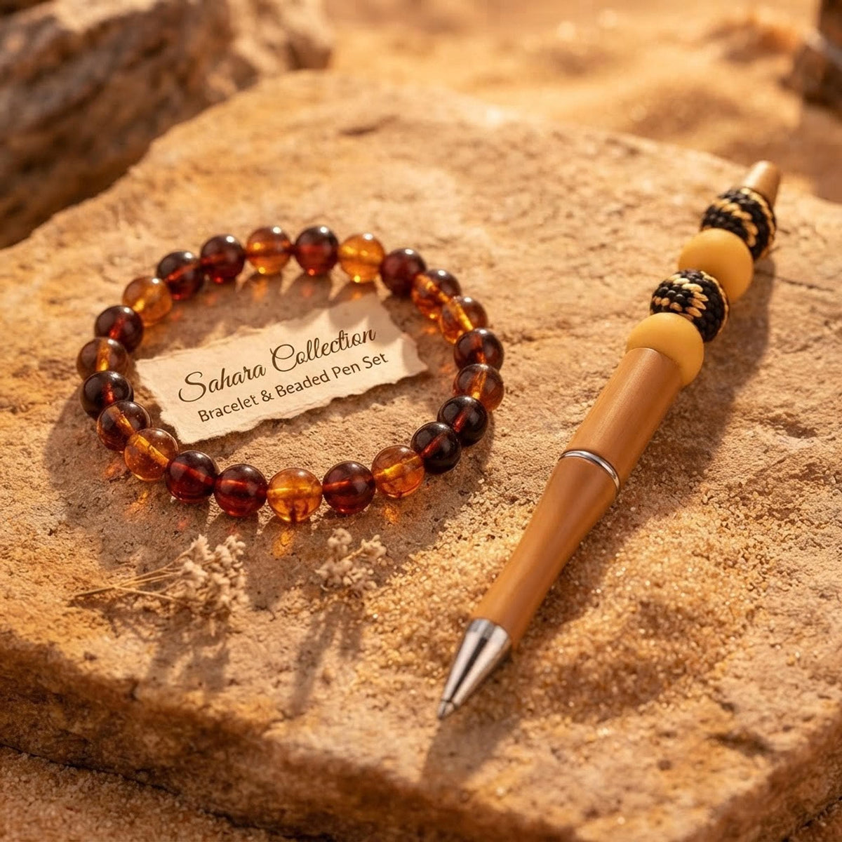 Ensemble bracelet et grigri de sac dans les mêmes tons orange, jaune - Sahara -