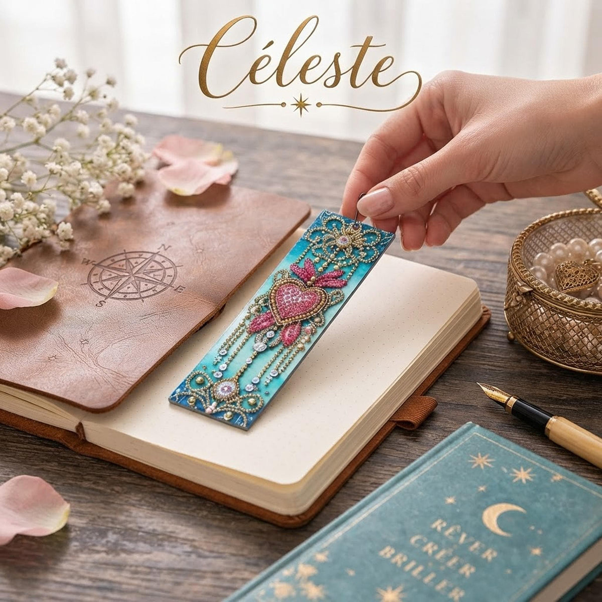 Marque-Page Turquoise, Rose et Doré avec Cœur – Détails en Diamant Painting - "Céleste" -