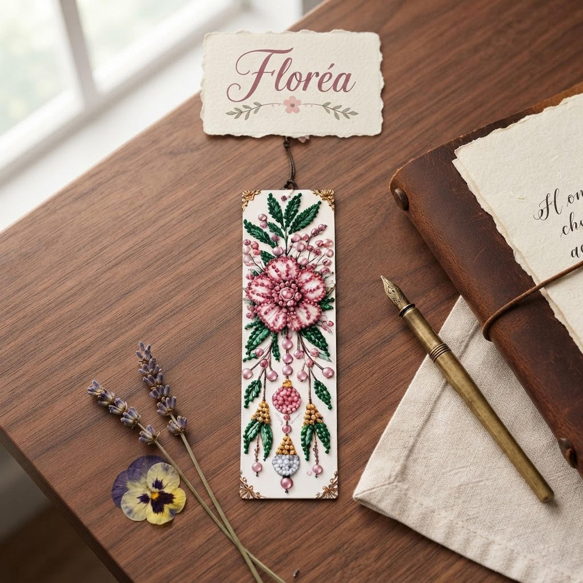 Marque Page Floral Rose et Vert, Détails Dorés en Diamant Painting