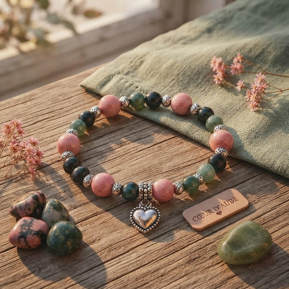 Bracelet Pierres Naturelles Agate Mousse et Rhodonite, 17 cm avec Charm Cœur