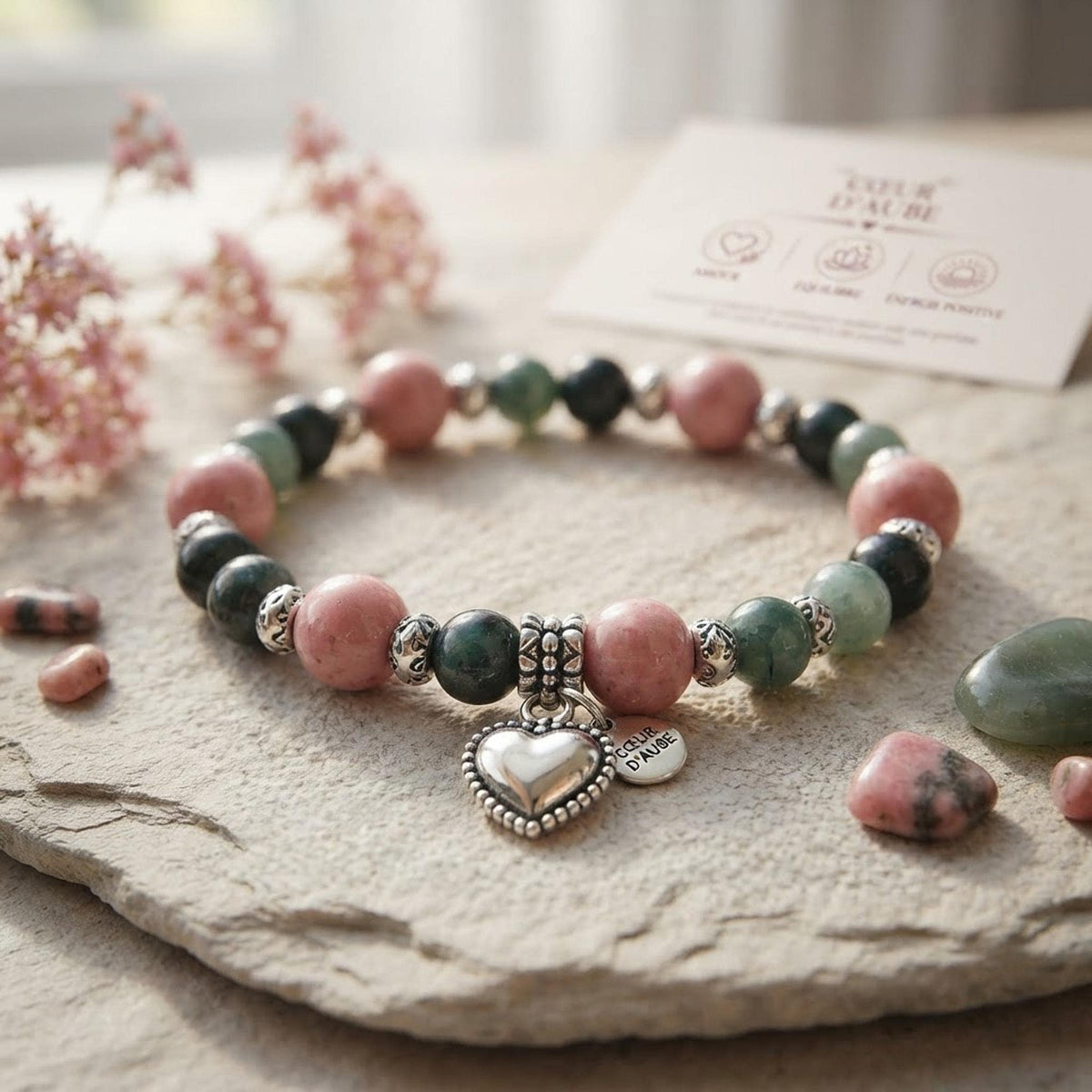 Bracelet Pierres Naturelles Agate Mousse et Rhodonite, 17 cm avec Charm Cœur