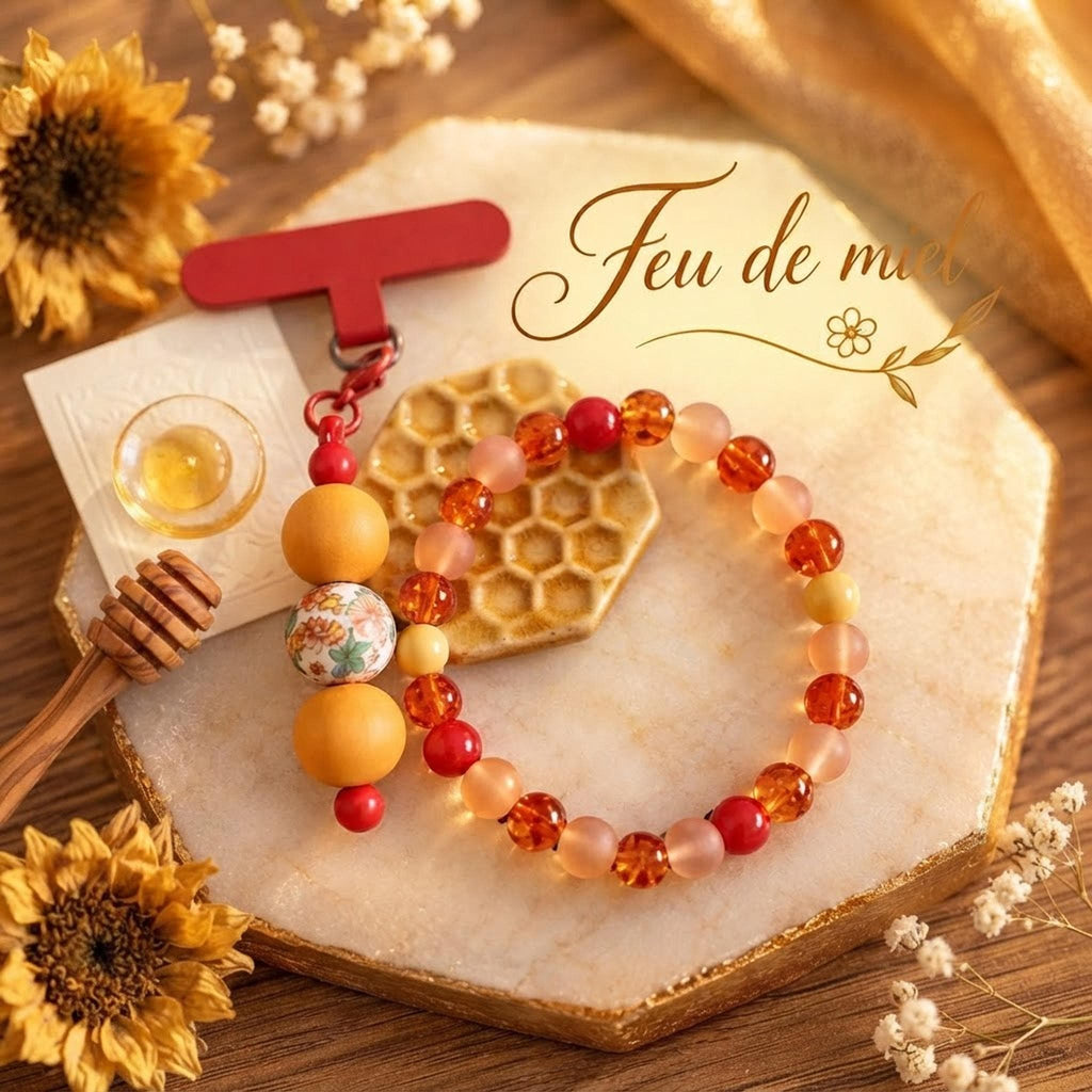 Ensemble bracelet et charm de téléphone dans les mêmes tons de orange & jaune - Feu de Miel -
