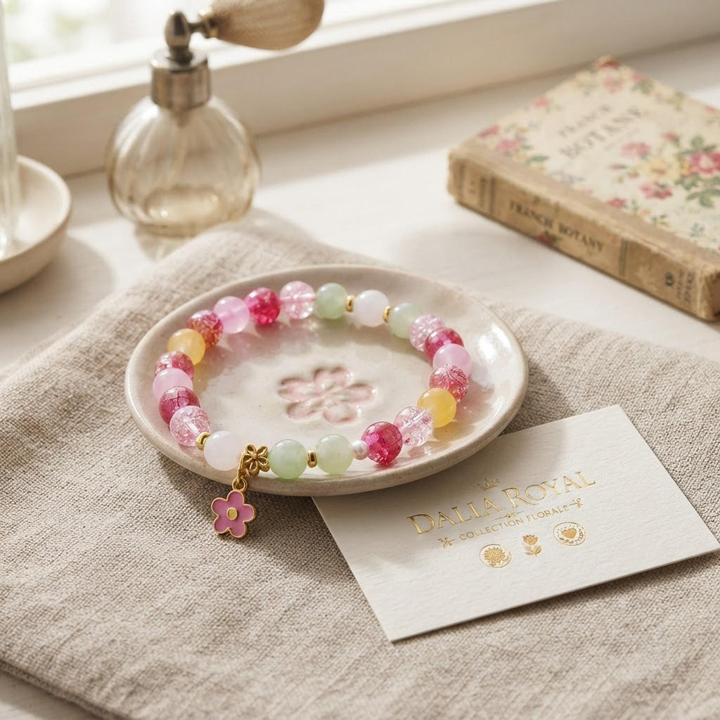 Bracelet fantaisie en perles vertes, roses , blanches etc- Dalia royale -