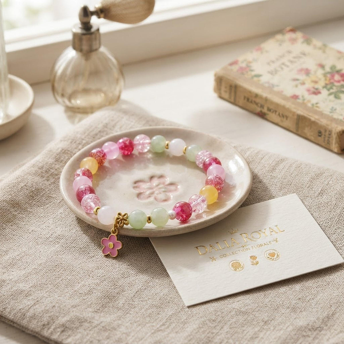 Bracelet fantaisie en perles vertes, roses , blanches etc- Dalia royale -