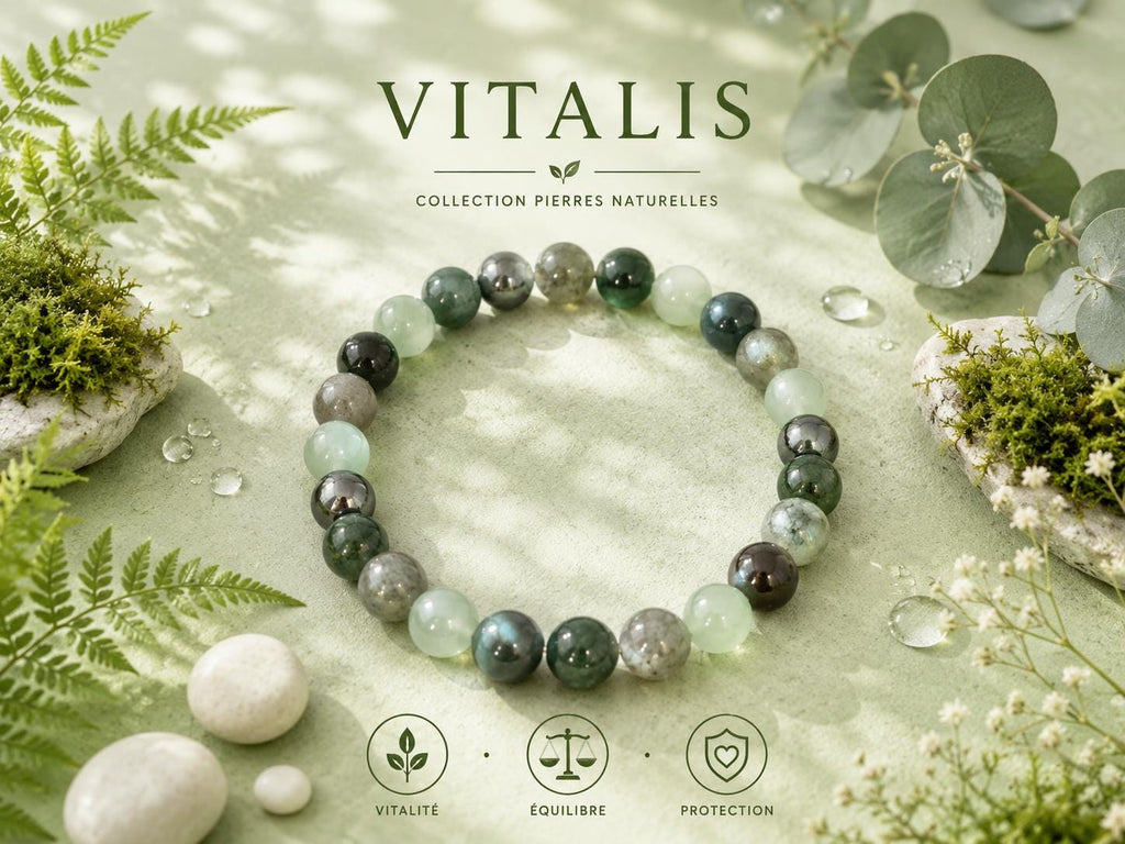 Bracelet Pierres Naturelles Homme Vert, Aventurine Labradorite Agate Mousse 17 cm