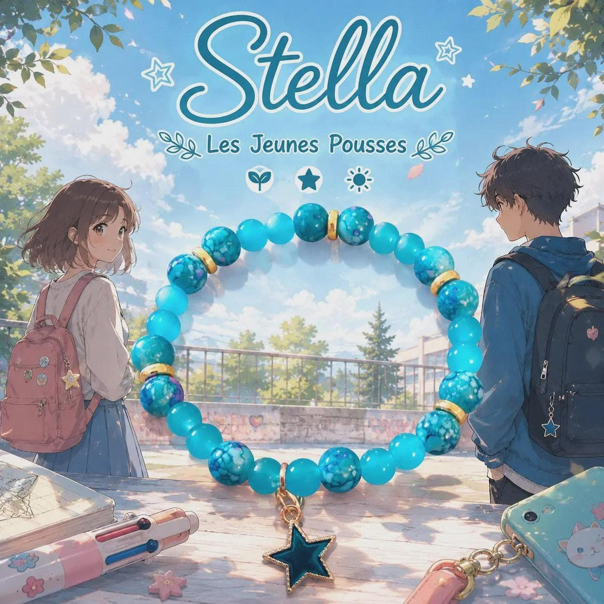 Bracelet Femme Stella, Perles Turquoise et Breloque Étoile Bleue Dorée