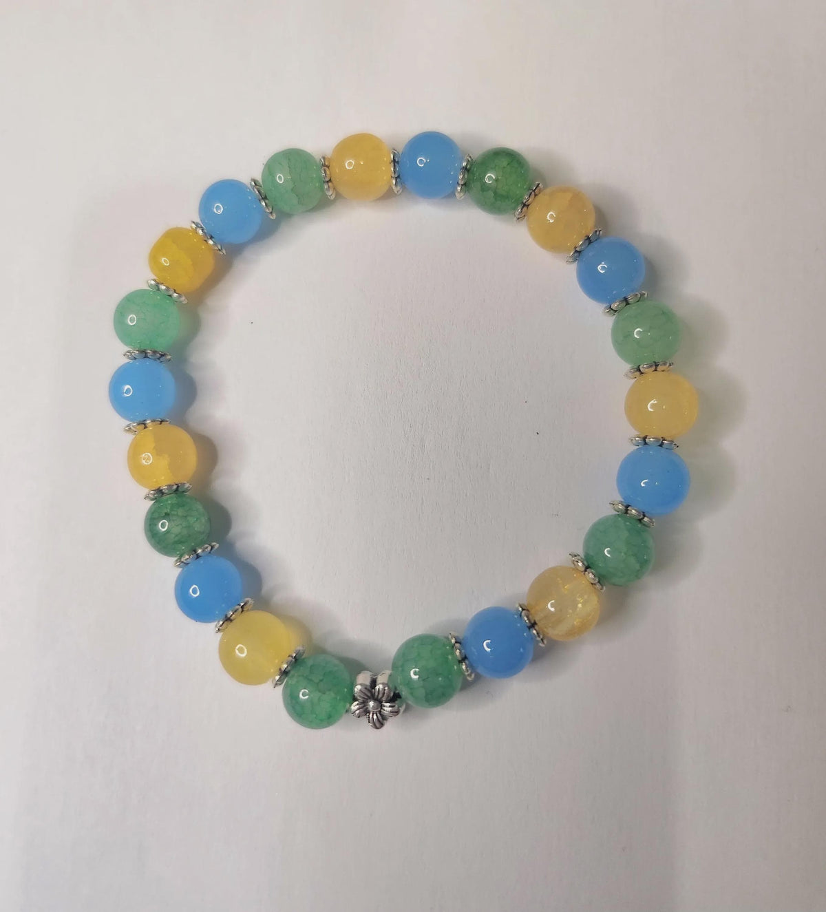 Bracelet Fantaisie, Perles Bleues Vertes et Dorées, Lotus Argenté - Nozomi -