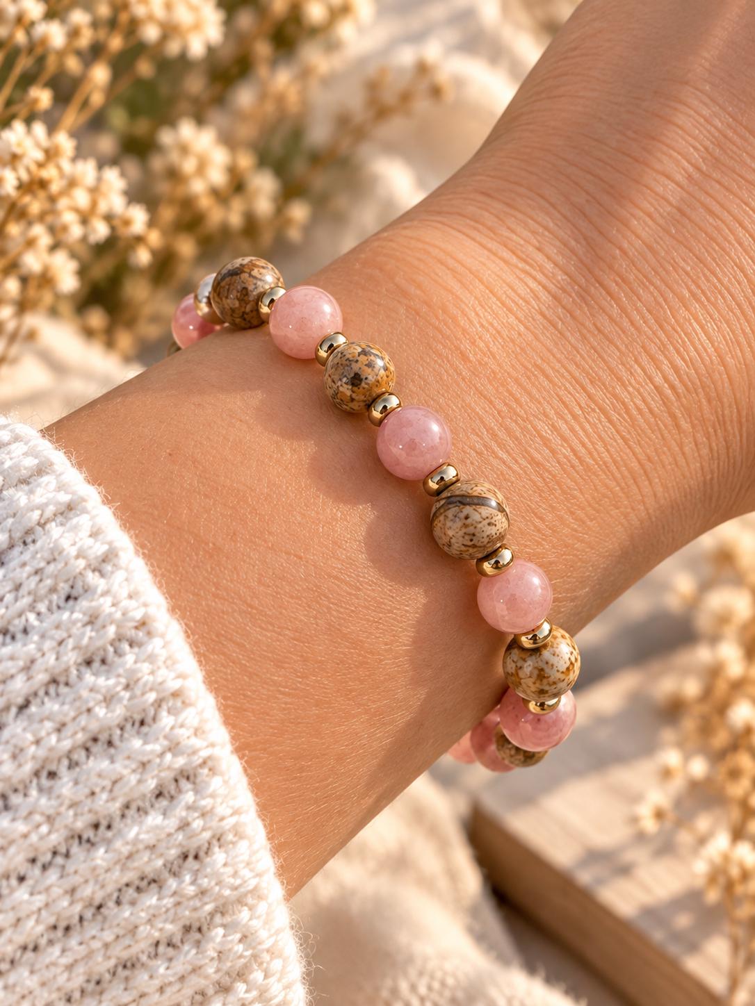 Bracelet en pierres naturelles de Jaspe Paysage é Pierre de Soleil - Lithothérapie - Bohème dorée -