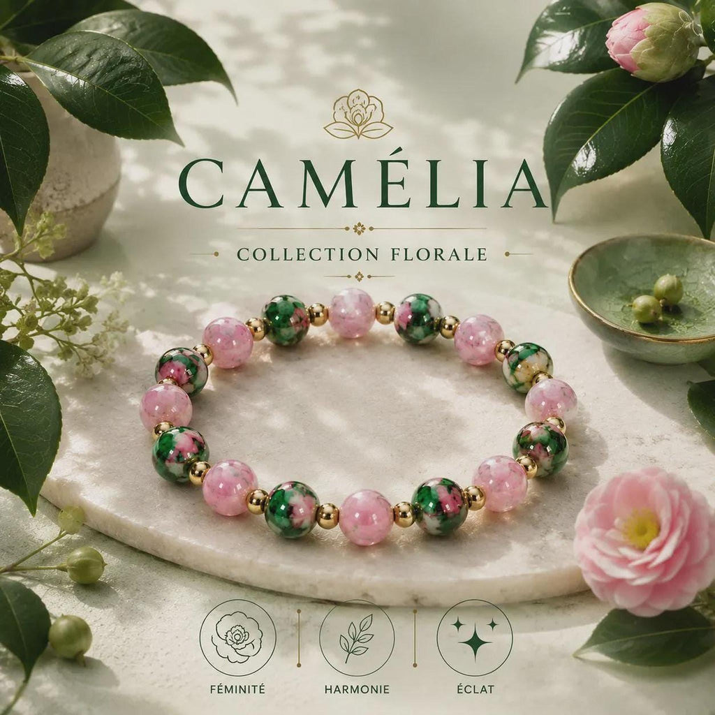 Bracelet fantaisie en perle Roses et Vertes sur Fil Élastique -  "Camélia" -