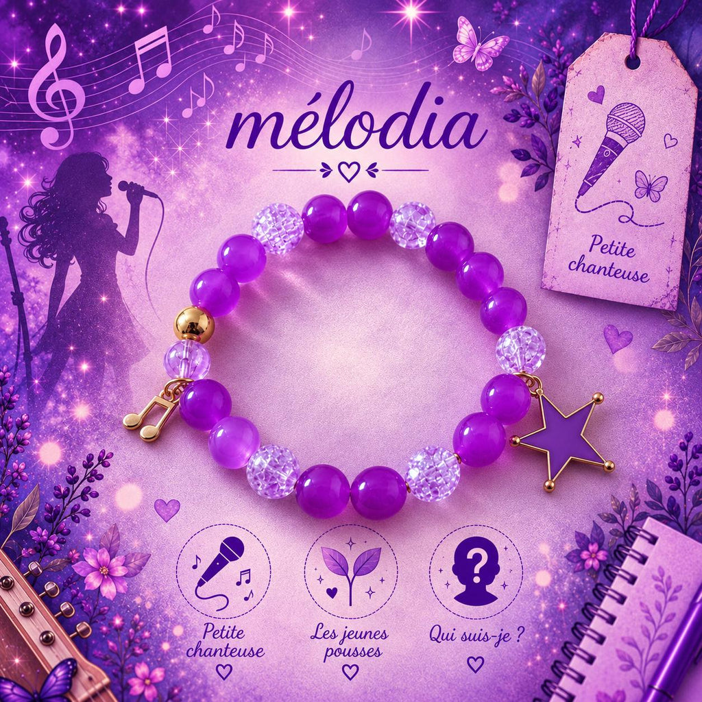 Cadeau femme, bracelet violet 15 cm avec étoile et breloque musicale