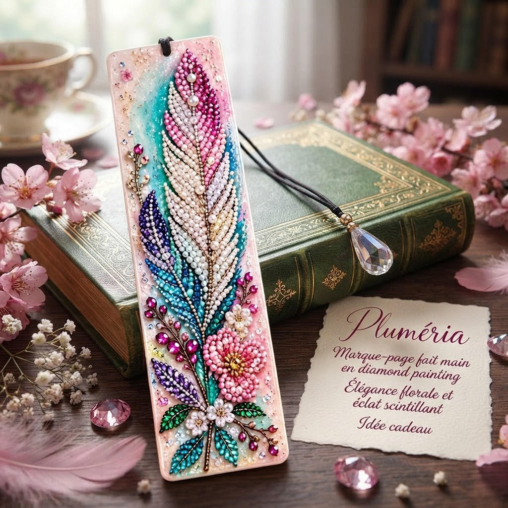 Marque-Page Floral en Diamond Painting, Pendentif Facetté Scintillant - "Pluméria" -
