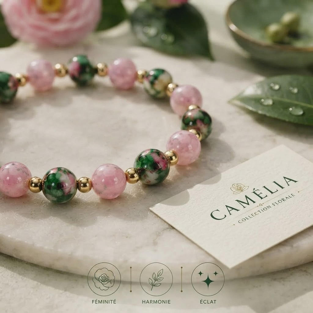 Bracelet fantaisie en perle Roses et Vertes sur Fil Élastique -  "Camélia" -