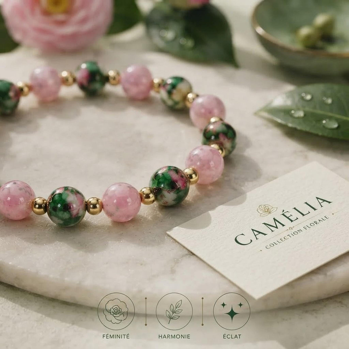 Bracelet fantaisie en perle Roses et Vertes sur Fil Élastique -  "Camélia" -