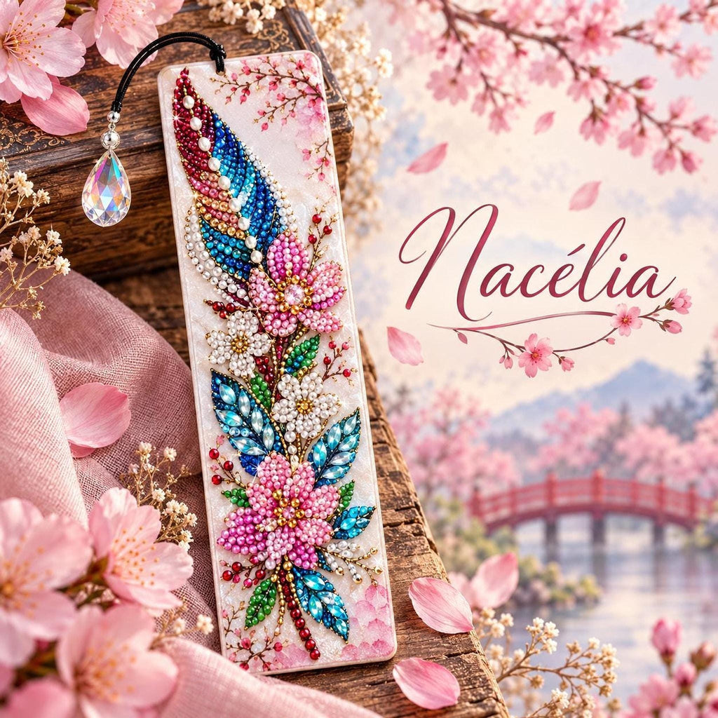 Marque-Page Floral en Diamond Painting, Fleurs Roses et Pendentif Facetté - "Nacélia " -
