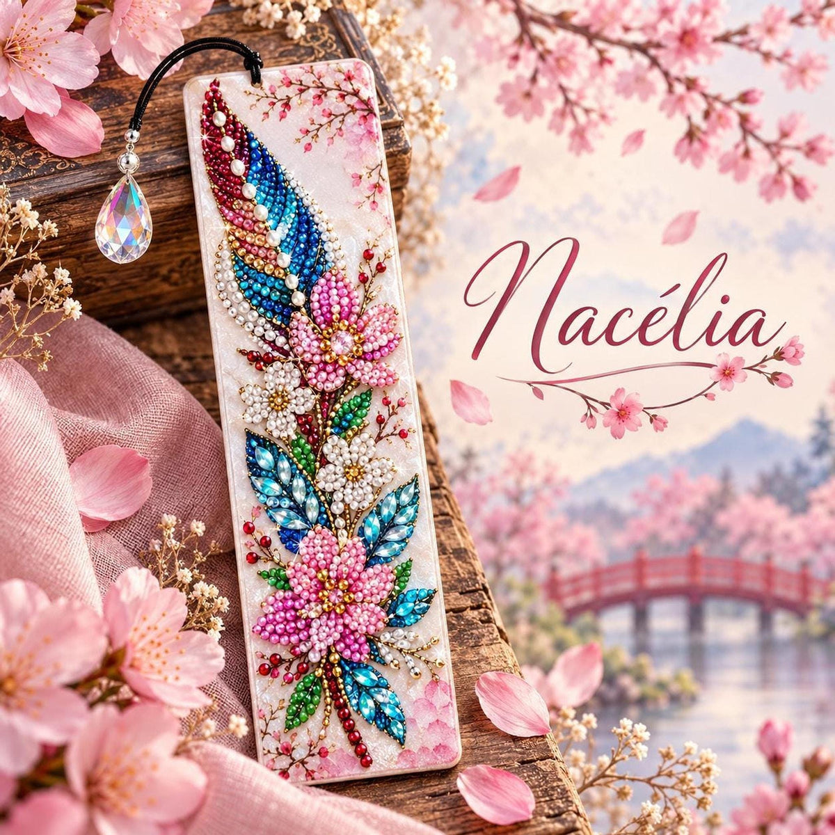 Marque-Page Floral en Diamond Painting, Fleurs Roses et Pendentif Facetté - "Nacélia " -