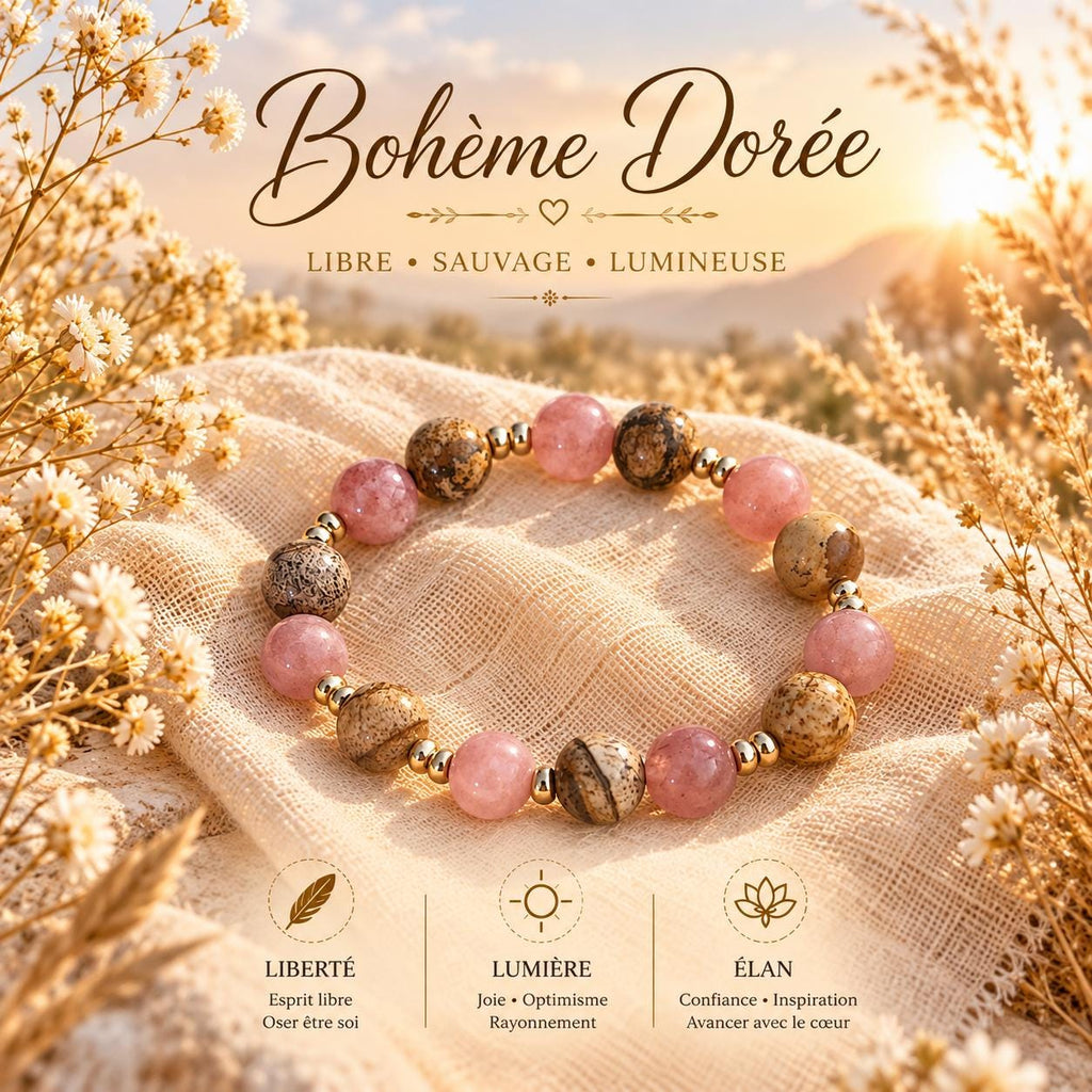 Bracelet en pierres naturelles de Jaspe Paysage é Pierre de Soleil - Lithothérapie - Bohème dorée -