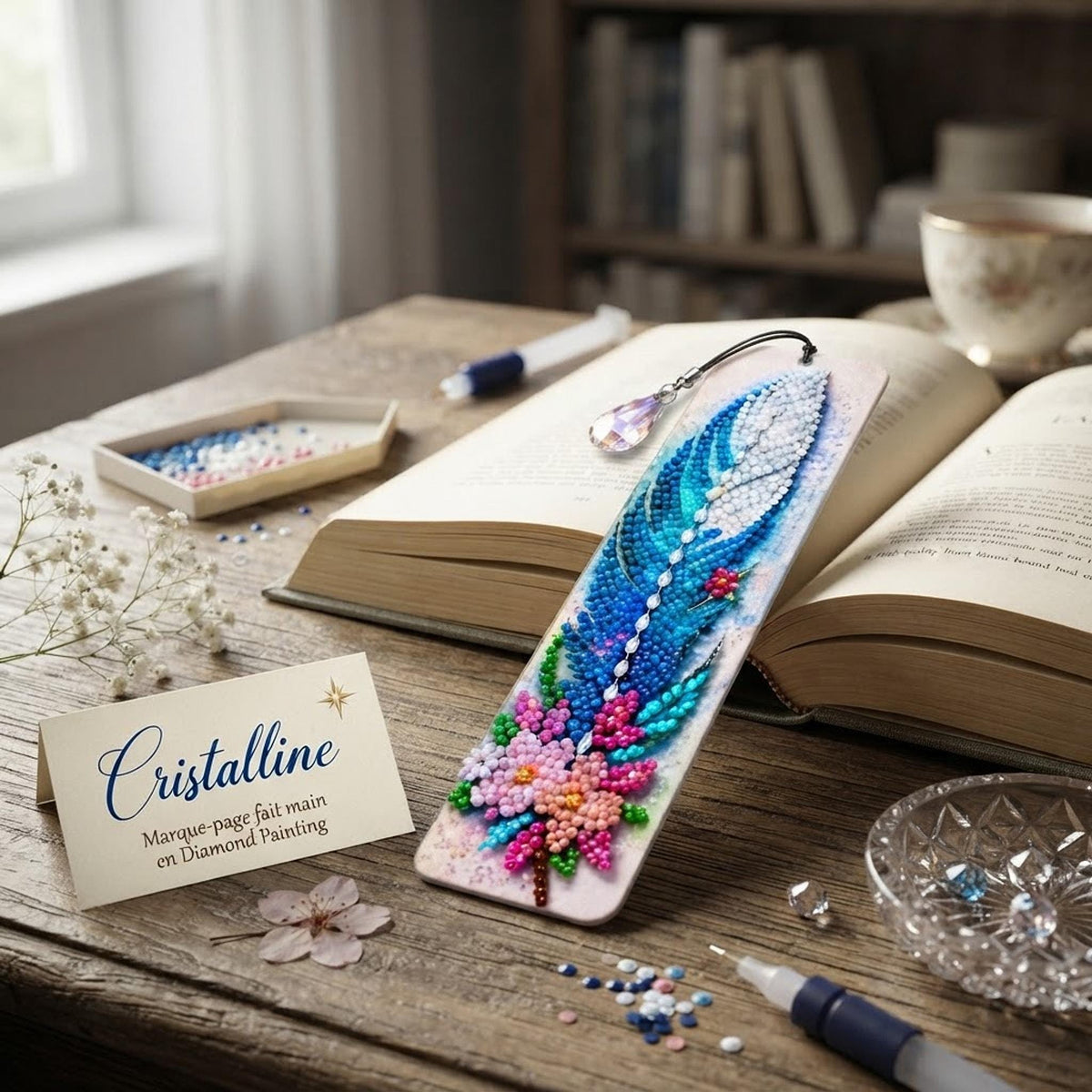 Marque-Page Diamond Painting, Plume Bleue Et Blanche Scintillante - Cristalline -