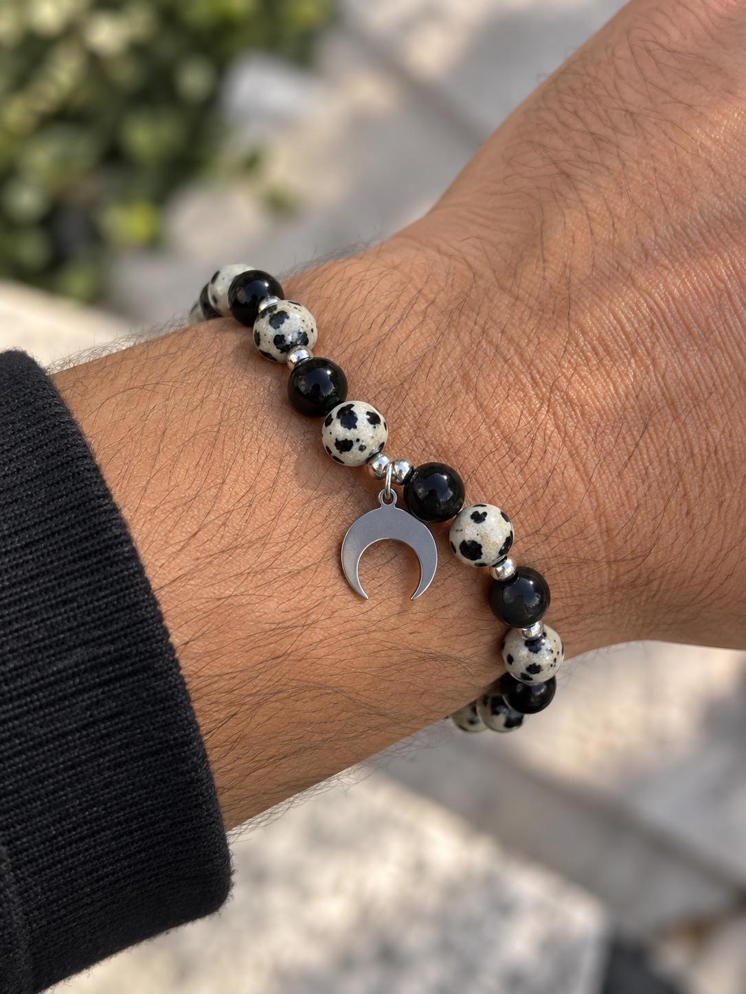 Bracelet en pierres naturelles d'Obsidienne noire & Jaspe Dalmatien - Lithothérapie - comète -