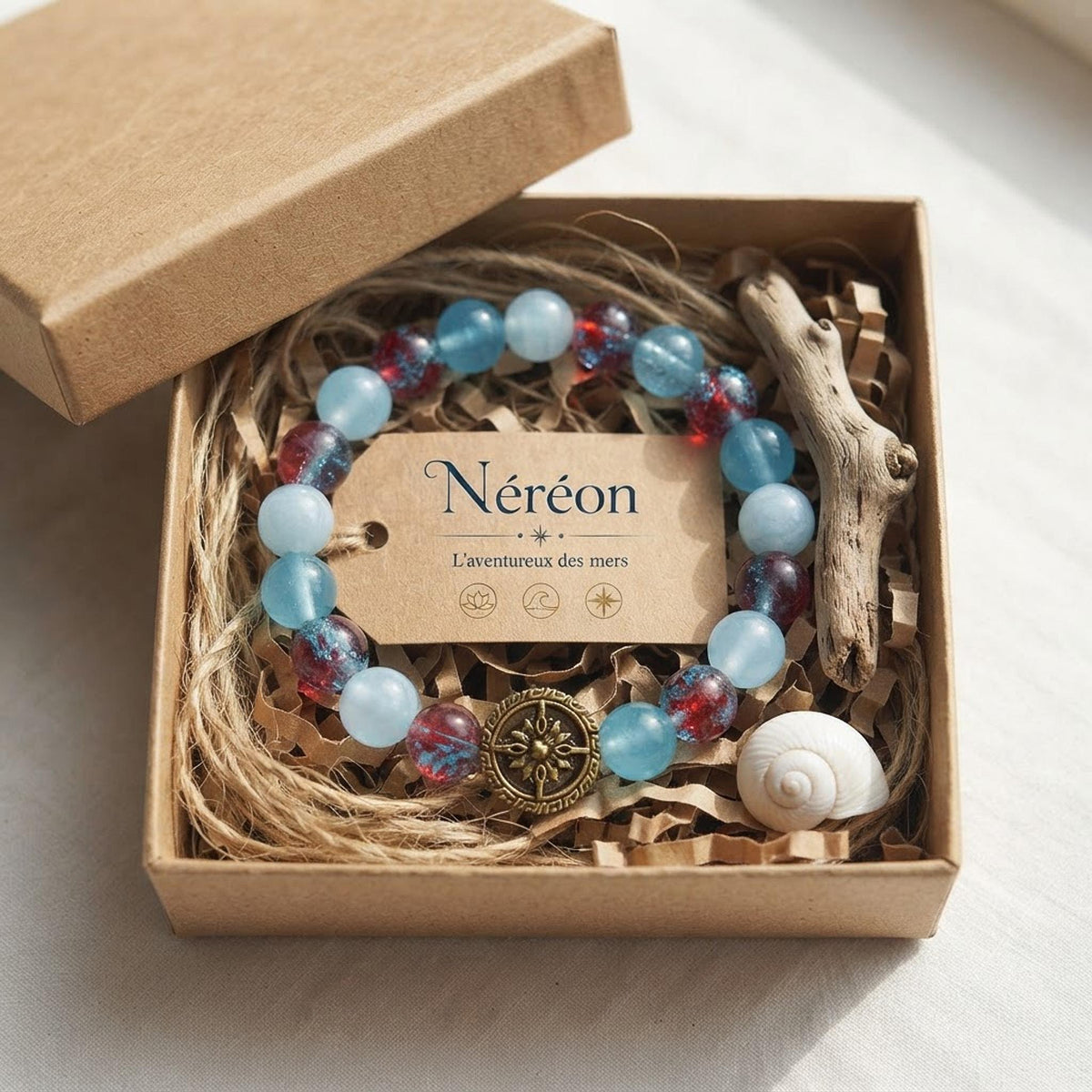 Bracelet  Bleu, Perles en Verre et Rose des Vents - "Néréon" -