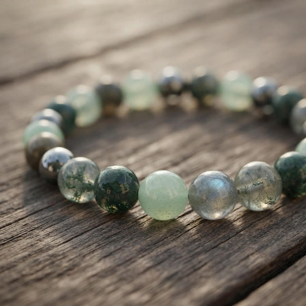 Bracelet Pierres Naturelles Homme Vert, Aventurine Labradorite Agate Mousse 17 cm