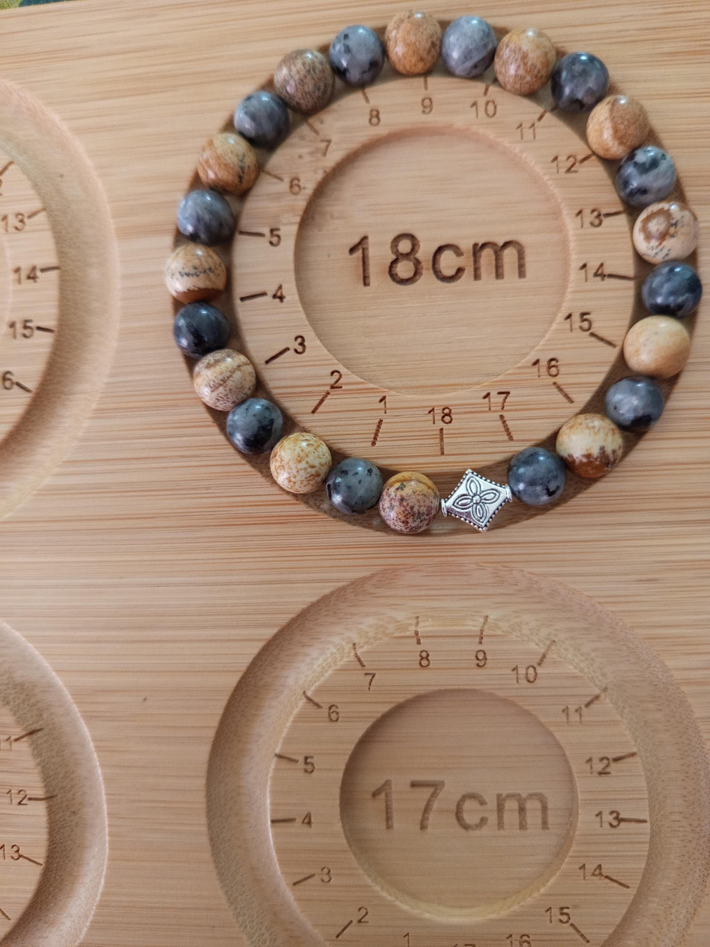 Bracelet Pierres Jaspe Paysage et Larvikite, 18 cm Élastique