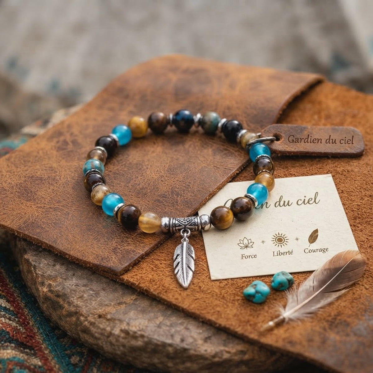 Bracelet fantaisie en perles Turquoise et Pendentif plume - gardien du ciel -