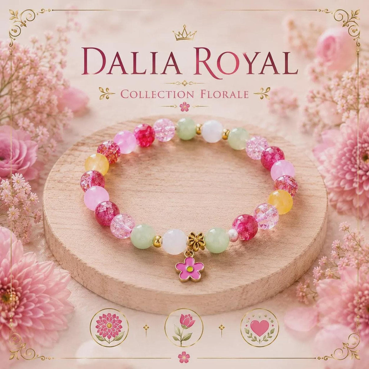 Bracelet fantaisie en perles vertes, roses , blanches etc- Dalia royale -