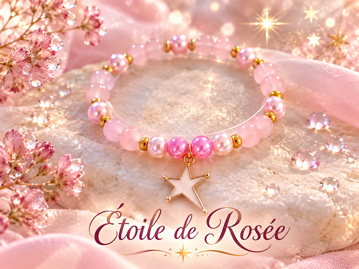 Bracelet fantaisie en perles rose – Perles nacrées et breloque étoile – Étoile de Rosée