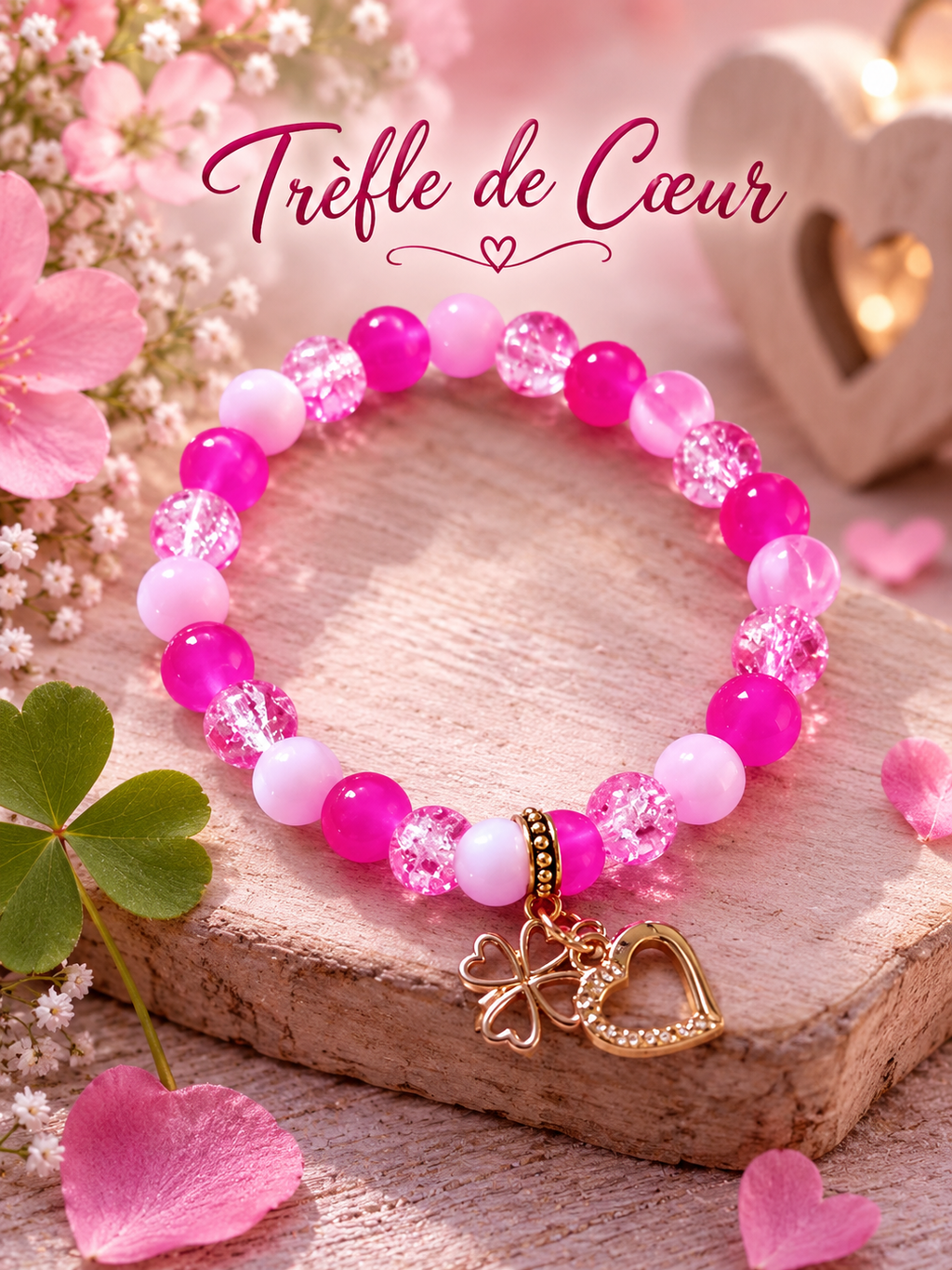 Bracelet fantaisie en perles rose – Trèfle et cœur dorés – "Trèfle de Cœur"🌸