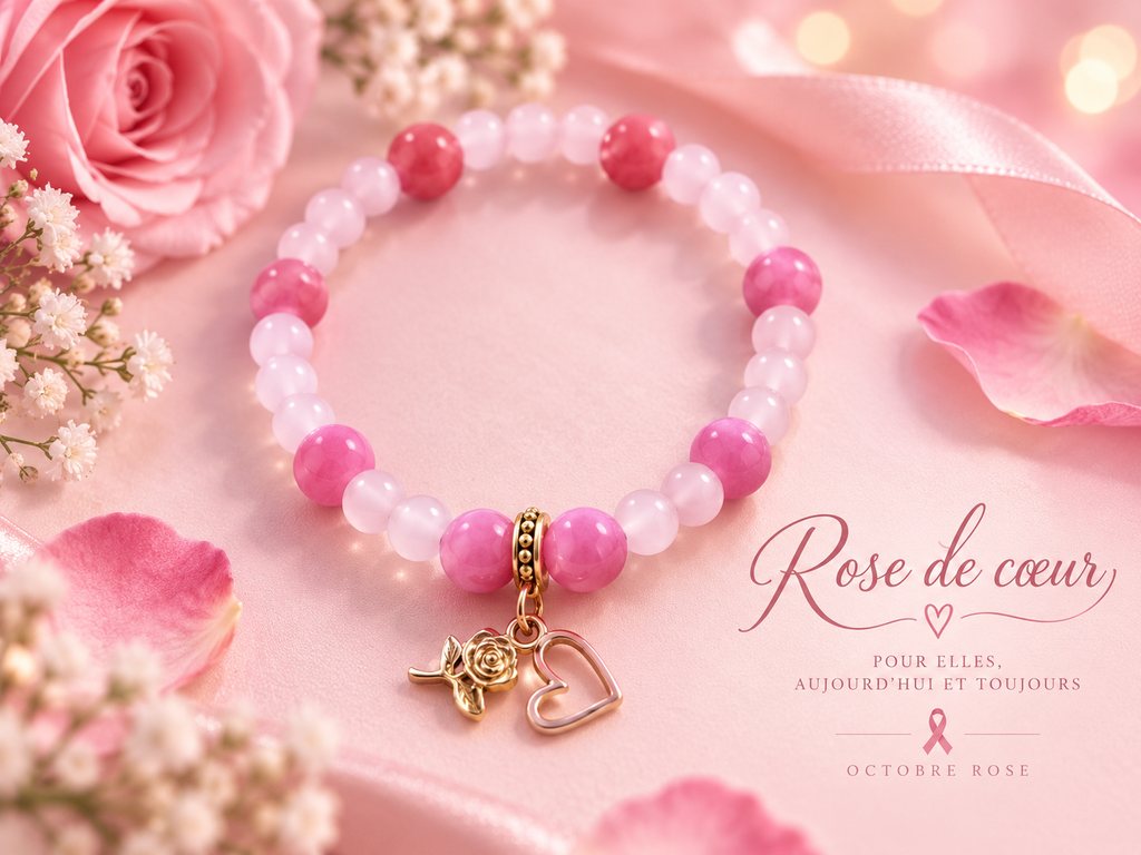 Bracelet fantaisie en perles rose – Breloques rose et cœur dorées – "Rose de Cœur"