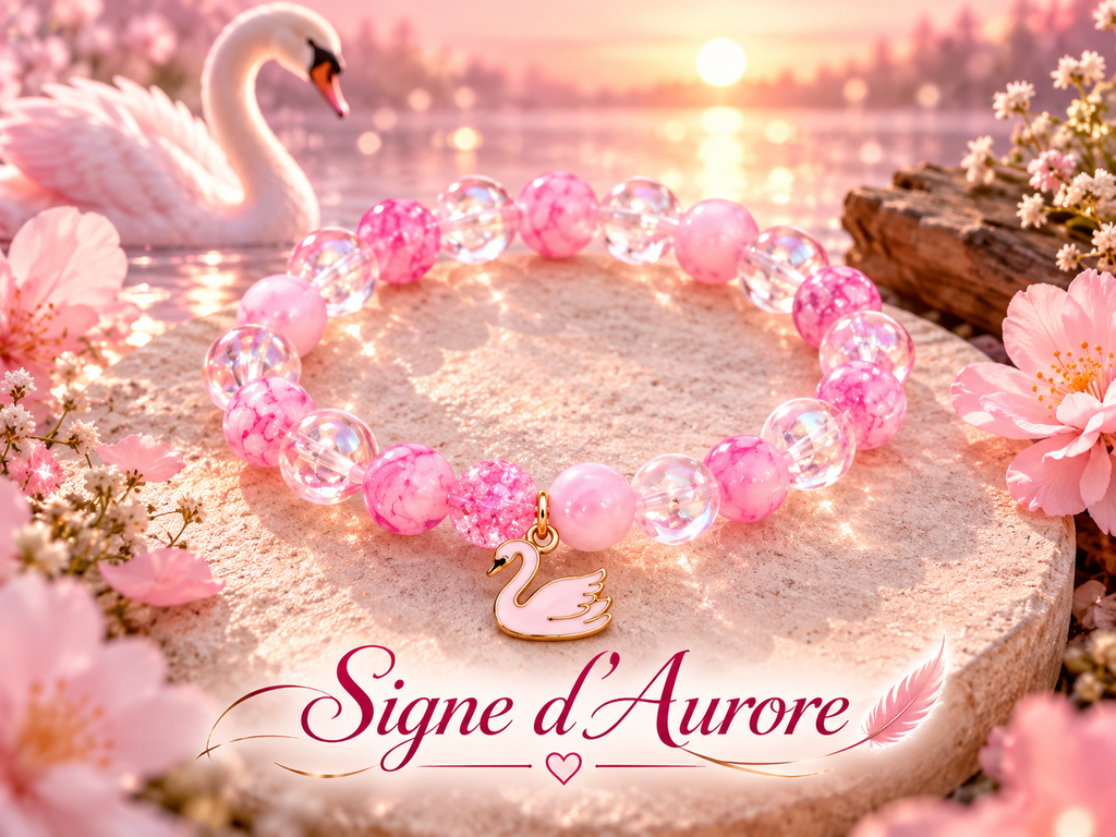 Bracelet fantaisie en perles rose – Perles irisées et breloque cygne – "Cygne d’Aurore🦢"