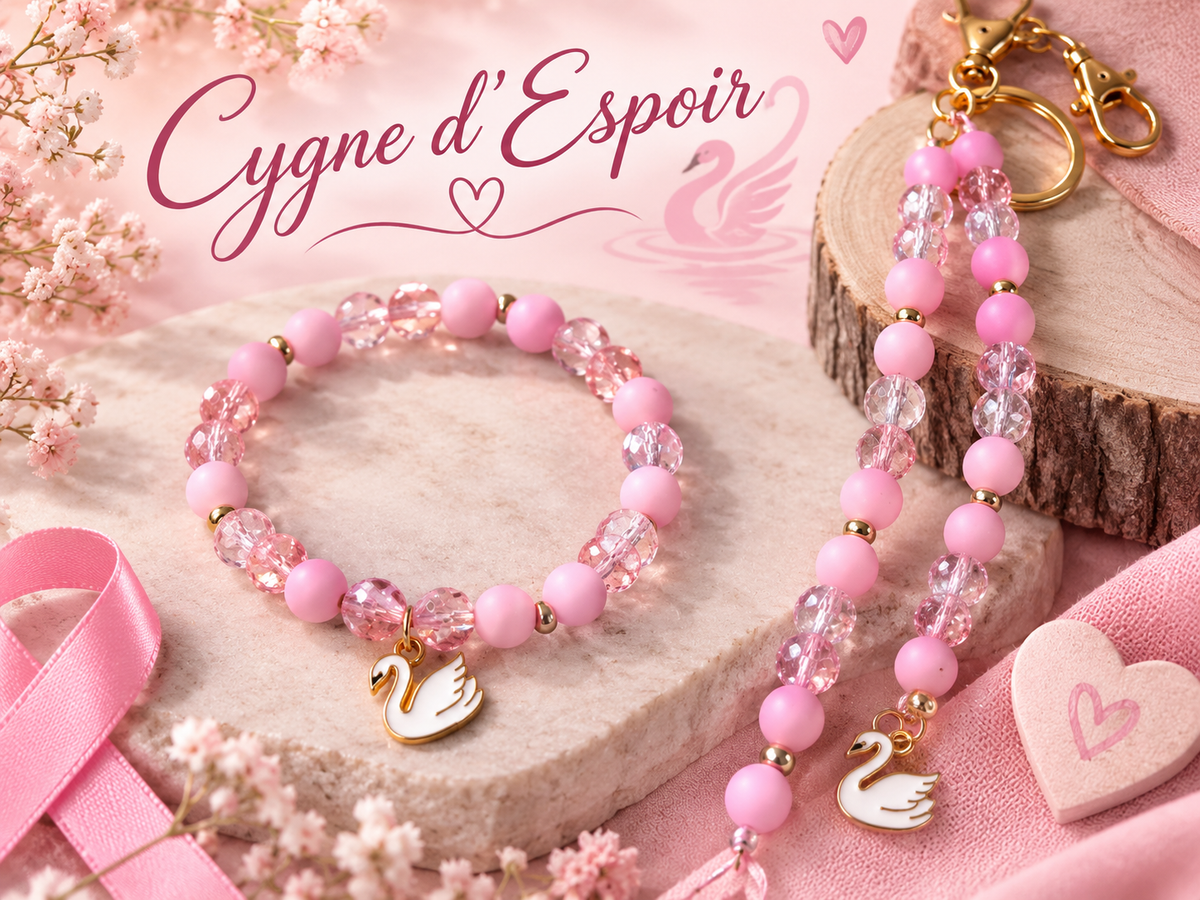 Ensemble composé d'un bracelet et de son grigri assorti - tons rose - spécial octobre rose = "Cygne d'espoir"