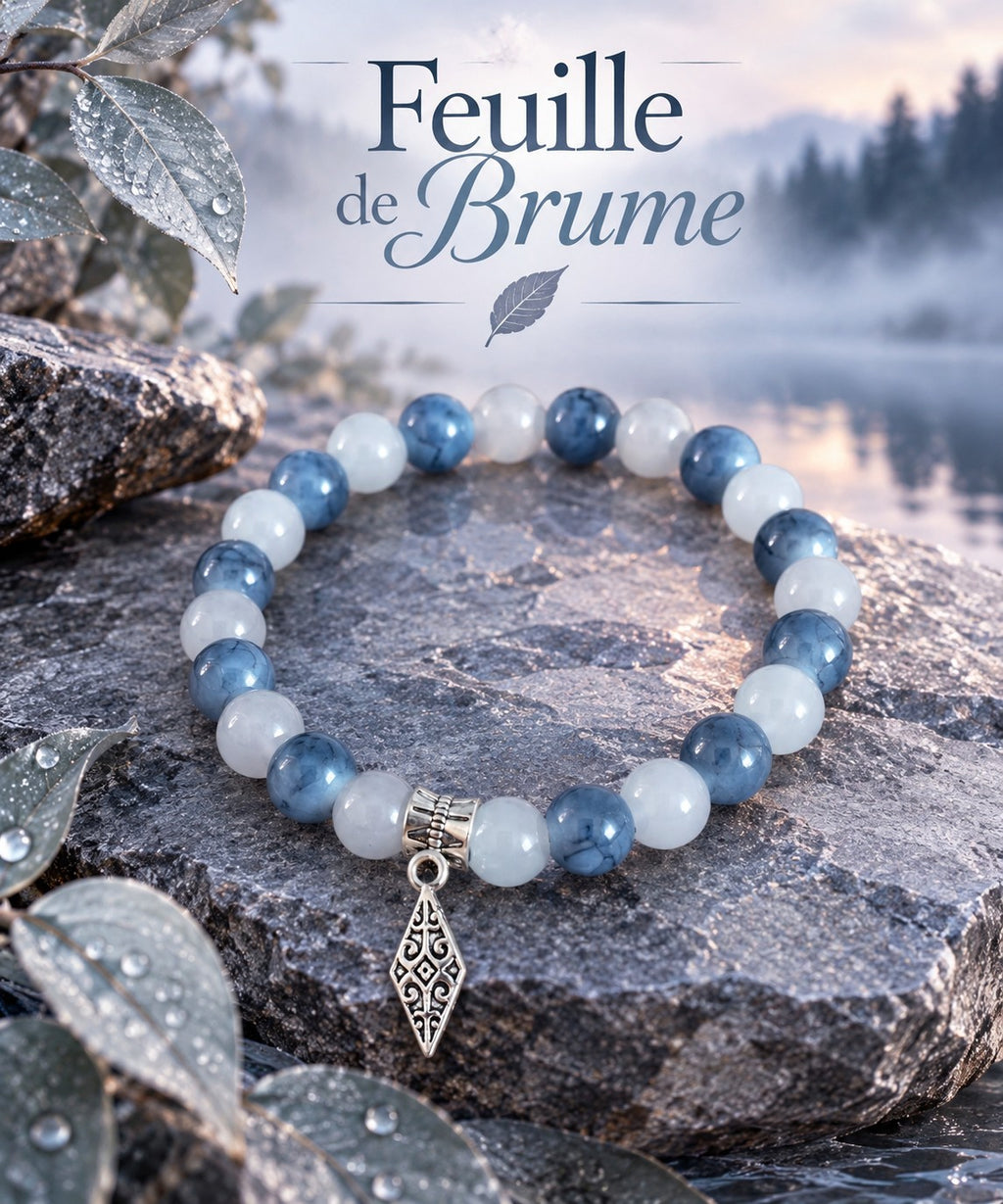 Bracelet en perles fantaisie bleu et gris- "Feuille de Brume"-