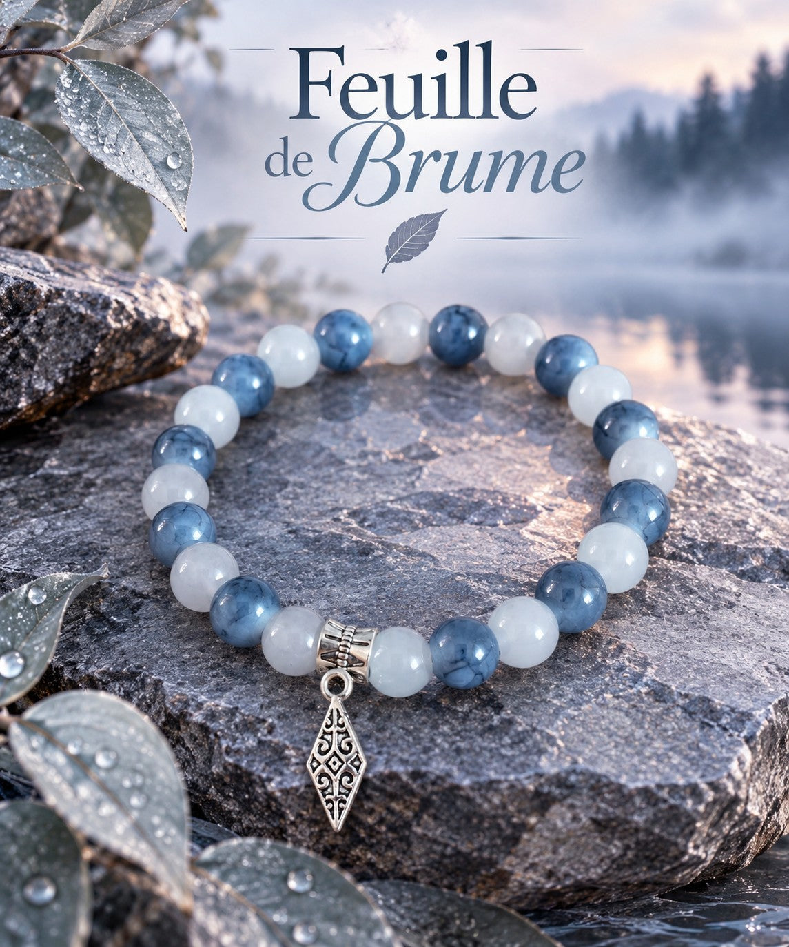 Bracelet en perles fantaisie bleu et gris- "Feuille de Brume"-