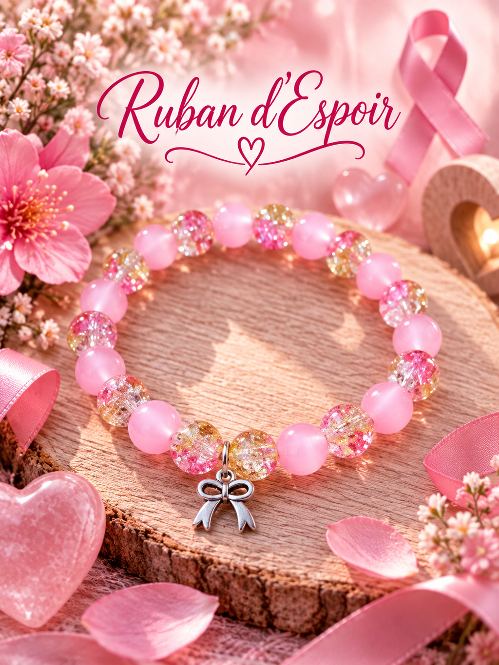 Bracelet fantaisie en perles rose – Breloque nœud et perles lumineuses – "Ruban d’Espoir🎀