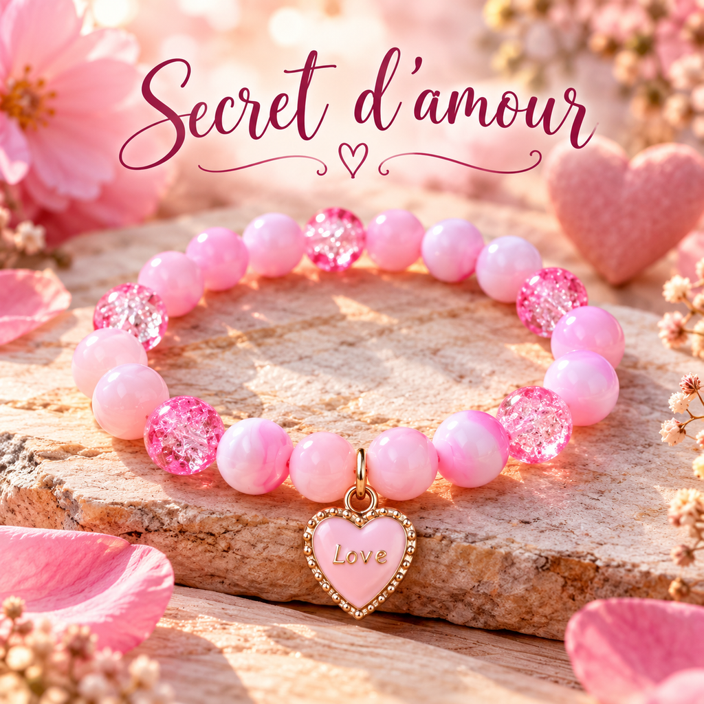 Bracelet perles fantaisie roses et cœur doré- " Secret D'amour"-