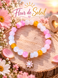 Bracelet fantaisie en perles roses - Octobre Rose = Fleur de Soleil