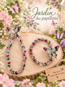 Ensemble bracelet +grigri de sac en perles fantaisie colorées - "Jardin des papillons -